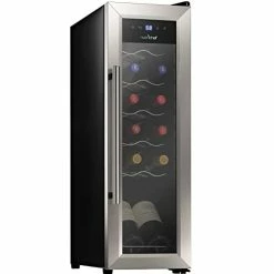 Budget 🔔 NutriChef PKCWC12 12 Bottle Cooler Refrigerator White And Red Countertop Chiller, Freestanding Compact Mini Wine Fridge With Digital Control, Stainless Steel ✨