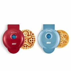 Cheap 🤩 Dash Mini Waffle Maker (2 Pack) For Individual Waffles Hash Browns, Keto Chaffles With Easy To Clean, Non-Stick Surfaces, 4 Inch, Holiday (Snowflake + Gingerbread), Red And Metallic Blue 🎉