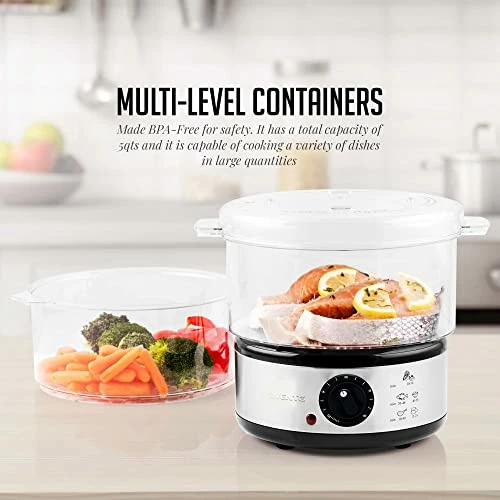 Cheap โจ Ovente Electric Food Steamer 5 Quart With 2 Tier Stackable BPA-Free Baskets, 400W Stainless Steel Base, Auto Shut-Off And 60-Minute Timer, Fast Steaming Ideal For Vegetable And Fish, Silver FS62S โค๏ธ - Image 4