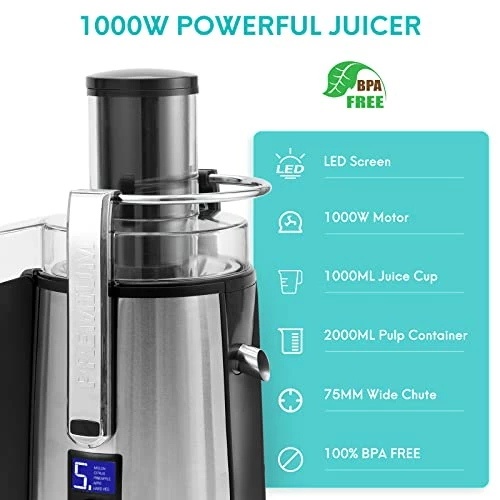 Best reviews of π― 1000W 5-SPEED LCD Screen Centrifugal Juicer Machines Vegetable And Fruit, Healnitor Juice Extractor With Big Adjustable 3" Big Mouth, Easy Clean, BPA-Free, High Juice Yield, Silv π - Image 3