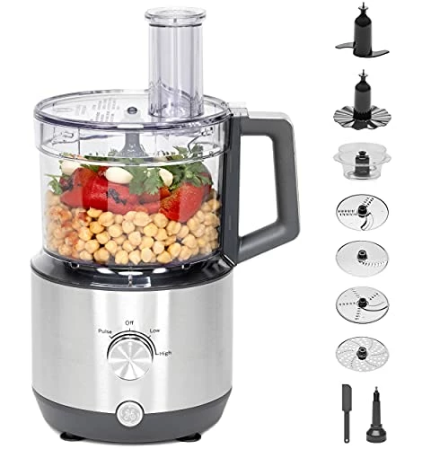 Best deal ๐ GE Food Processor | 12 Cup | Complete With 3 Feeding Tubes & Stainless Steel Accessories - 3 Discs + Dough Blade | 3 Speed | Great For Shredded Cheese, Chicken & More | Kitchen Essentials | 550 Watts ๐