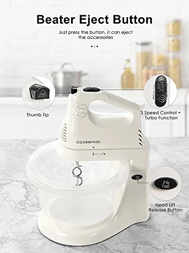 New 🤩 Cozeemax 2 In 1 Hand Mixers Kitchen Electric Stand Mixer With Bowl 3 Quart, Electric Mixer Handheld For Everyday Use, Dough Hooks & Mixer Beaters For Frosting, Meringues & Mor 🎉 - Image 3