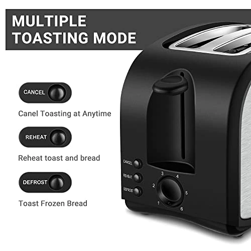 Best reviews of π 2 Slice Toaster CUSINAID Black Wide Slot Toaster 2 Slice Best Rated Prime With Pop Up Reheat Defrost Functions, 6-Shade Control, Removable Crumb Tray π₯ - Image 4