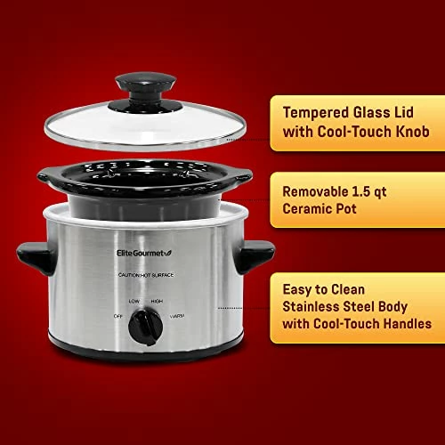 Deals 🎁 Elite Gourmet Glas Slow Cooker With Adjustable Temp, Entrees, Sauces, Stews & Dips, Dishwasher Safe Glass Lid & Crock, 1.5 Quart, Stainless S 🛒 - Image 2