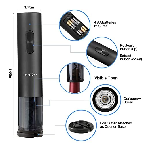Best Sale π Ramtonx Electric Wine Bottle Opener, Battery Operated Wine Opener Corkscrew Set With Foil Cutter, Automatic Reusable Easy Carry Wine Opener Gift For Waiter π© Women As Bar Outdoor Kitchen Wine Accessories Matte Black π - Image 2