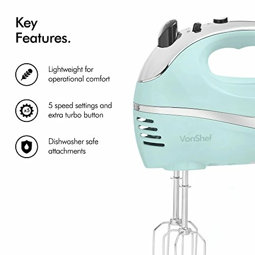 Discount ๐ VonShef 5-Speed Hand Mixer - Electric 250W Hand-held Mixer With Turbo Boost Button & Stainless Steel Accessories (Chrome Beater, Dough Hook & Balloon Whisk) For Baking Cookies, Brownies & Cakes - Blu ๐ - Image 2