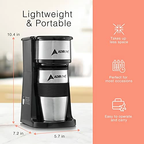 Cheap ๐งจ AdirChef Mini Travel Single Serve Coffee Maker & 15 Oz. Travel Mug Coffee Tumbler & Reusable Filter For Home, Office, Camping, Portable Small And Compact For Fathers Day (Black) ๐ฅฐ - Image 3