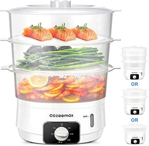 Best Pirce 🧨 Cozeemax 13.7QT Electric Food Steamer For Cooking, 3 Tier Vegetable Steamer For Fast Simultaneous Cooking, 60 Minute Timer, BPA Free Baskets, 800W 🤩