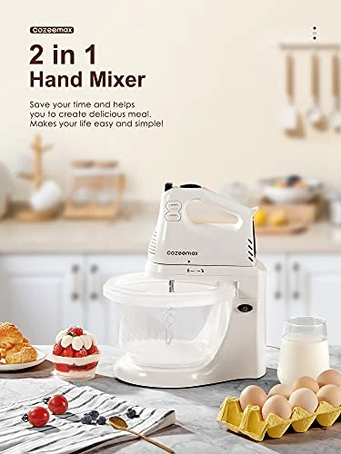 New 🤩 Cozeemax 2 In 1 Hand Mixers Kitchen Electric Stand Mixer With Bowl 3 Quart, Electric Mixer Handheld For Everyday Use, Dough Hooks & Mixer Beaters For Frosting, Meringues & Mor 🎉 - Image 5