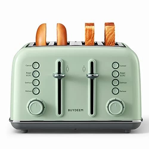 Flash Sale ✨ BUYDEEM DT640 4-Slice Toaster, Extra Wide Slots, Retro Stainless Steel With High Lift Lever, Bagel And Muffin Function, Removal Crumb Tray, 7-Shade Settings (Cozy Greenish) 🧨