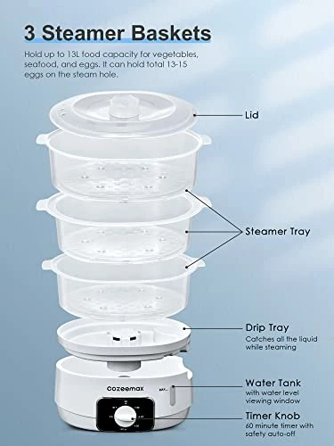 Best Pirce 🧨 Cozeemax 13.7QT Electric Food Steamer For Cooking, 3 Tier Vegetable Steamer For Fast Simultaneous Cooking, 60 Minute Timer, BPA Free Baskets, 800W 🤩 - Image 4