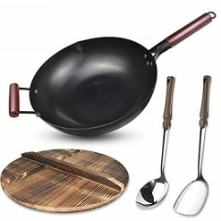 Budget 🎁 OUKE Carbon Steel Wok Flat Bottom,Woks And Stir Fry Pans Nonstick With Spatulas & Spoon,Uncoated Cooking Wok Pan With Wooden Handle,Chinese Pans And Pots For Electric, Induction And Gas 😀