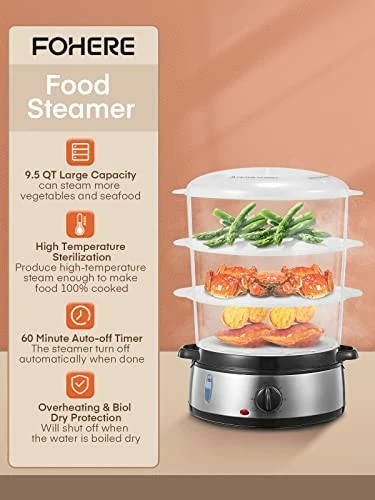 Buy π FOHERE Electric Food Steamer For Cooking, Vegetable Steamer 800W Fast Heating With 3 Tiers BPA-Free Nested Basket Trays And Auto Shut-off 60-min Timer, Rice Bowl Included, 9.5QT π - Image 3