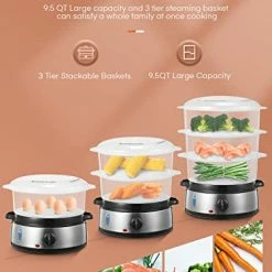 Buy 😍 FOHERE Electric Food Steamer For Cooking, Vegetable Steamer 800W Fast Heating With 3 Tiers BPA-Free Nested Basket Trays And Auto Shut-off 60-min Timer, Rice Bowl Included, 9.5QT 😉