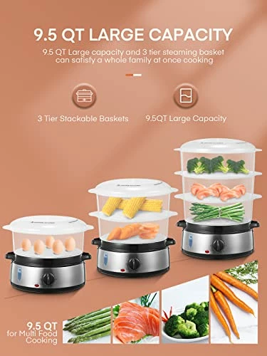 Buy π FOHERE Electric Food Steamer For Cooking, Vegetable Steamer 800W Fast Heating With 3 Tiers BPA-Free Nested Basket Trays And Auto Shut-off 60-min Timer, Rice Bowl Included, 9.5QT π