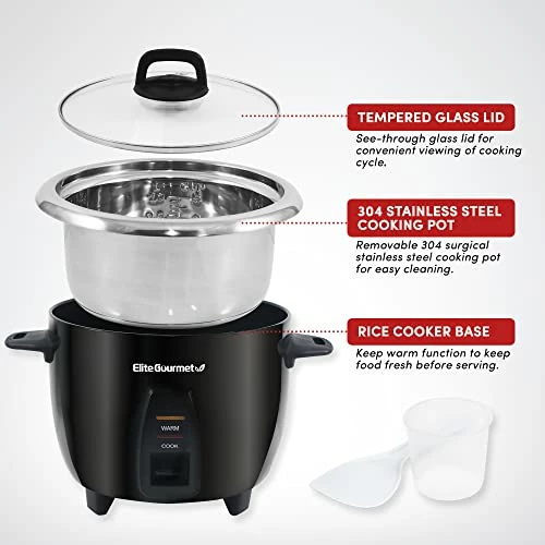 Brand new ๐ Elite Gourmet ERC-2010B Electric Rice Cooker With Stainless Steel Inner Pot Makes Soups, Stews, Porridge's, Grains And Cereals, 10 Cups Cooked (5 Cups Uncooked), Black ๐งจ - Image 2