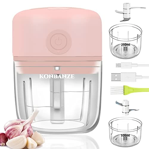 Promo ✨ KONBANZE (2 CUP, 100+250ML) Electric Portable Mini Garlic Onion Chopper Crusher Small Food Processor Masher USB Charging Vegetable Cutter Kitchen Gadgets With 2 Cups (PINK), (MHX-01) 🧨