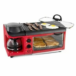 Budget โ๏ธ Nostalgia Retro 3-in-1 Family Size Electric Breakfast Station, Non Stick Die Cast Grill/Griddle, 4 Slice Toaster Oven, Coffee Maker, Red ๐