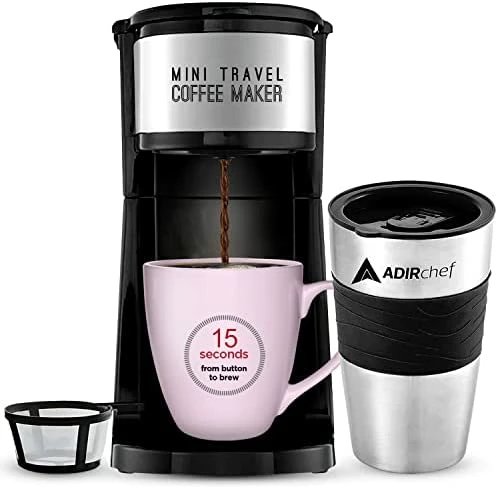 Cheap ๐งจ AdirChef Mini Travel Single Serve Coffee Maker & 15 Oz. Travel Mug Coffee Tumbler & Reusable Filter For Home, Office, Camping, Portable Small And Compact For Fathers Day (Black) ๐ฅฐ - Image 6
