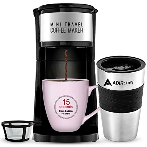 Cheap ๐งจ AdirChef Mini Travel Single Serve Coffee Maker & 15 Oz. Travel Mug Coffee Tumbler & Reusable Filter For Home, Office, Camping, Portable Small And Compact For Fathers Day (Black) ๐ฅฐ
