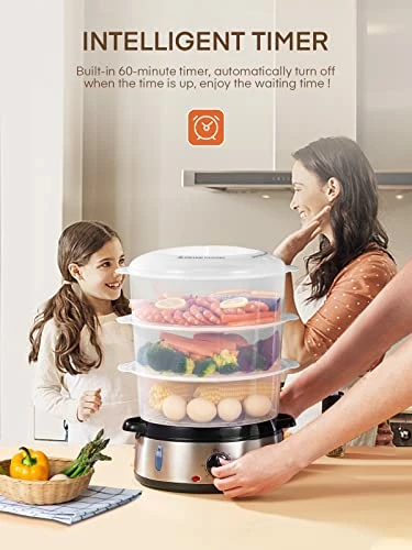 Buy π FOHERE Electric Food Steamer For Cooking, Vegetable Steamer 800W Fast Heating With 3 Tiers BPA-Free Nested Basket Trays And Auto Shut-off 60-min Timer, Rice Bowl Included, 9.5QT π - Image 5