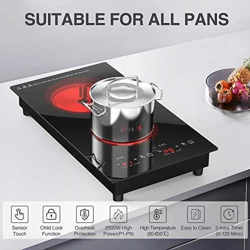 Outlet ๐ ANHANE Electric Cooktop 2000W Electric Burner Stove Top,110v Double Induction Cooktop Built-in Electric Hot Plates Burners For Cooking,9 Heating Level,20 Temperature Ajustement,Timer & Kid Safety Lock โญ - Image 2