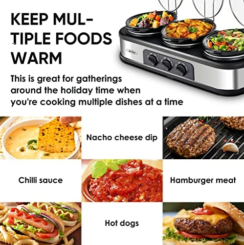 Outlet 🥰 Sunvivi Slow Cooker, Triple Slow Cooker Buffet Server 3 Pot Food Warmer, 3-Section 1.5-Quart Oval Slow Cooker Buffet Food Warmer Adjustable Temp Lid Rests Stainless Steel, Total 4.5 QT Black/silver ✔️ - Image 2