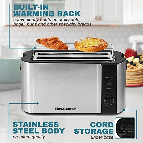 Discount ✔️ Elite Gourmet ECT-3100 Long Slot 4 Slice Toaster, Reheat, 6 Toast Settings, Defrost, Cancel Functions, Built-in Warming Rack, Extra Wide Slots For Bagels & Waffles, Stainless Steel & Black 😉 - Image 2