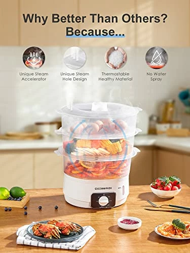 Best Pirce 🧨 Cozeemax 13.7QT Electric Food Steamer For Cooking, 3 Tier Vegetable Steamer For Fast Simultaneous Cooking, 60 Minute Timer, BPA Free Baskets, 800W 🤩 - Image 2