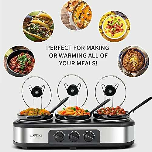 Outlet 🥰 Sunvivi Slow Cooker, Triple Slow Cooker Buffet Server 3 Pot Food Warmer, 3-Section 1.5-Quart Oval Slow Cooker Buffet Food Warmer Adjustable Temp Lid Rests Stainless Steel, Total 4.5 QT Black/silver ✔️ - Image 5