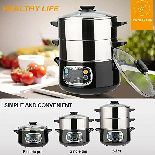 Best deal 🥰 Secura Electric Food Steamer, Vegetable Double Tiered Stackable Baskets With Timer 1200W Fast Heating Stainless Steel Digital Steamer 8.5 Quart 🎉 - Image 2