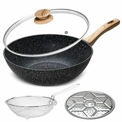 Best reviews of 🧨 MICHELANGELO Wok And Stir Fry Pan With Lid, Wok Pan With Lid Nonstick, Deep Frying Pan With Ergonomic Handle, Flat Bottom Wok 5.2 Quart, Nonstick Wok With Frying Basket & Steam Rack, Wok For Induction Cooktop 😉