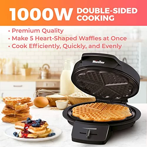 Outlet 🛒 Mueller Home Mueller Heart Waffle Maker, 5 Belgian Waffle Iron, Adjustable Browning Control, Cool Touch Handle, Compact And Easy To Clean, Great 🎄 Christmas Gift 🌟