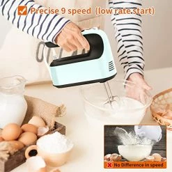 Best Pirce 🛒 Yomelo 9-Speed Digital Hand Mixer Electric, 400W Powerful DC Motor, Baking Mixer Handheld With Snap-On Storage Case, Touch Button, Turbo Boost, 5 Stainless Steel Accessories, Flat Beaters, Dough Hooks, Whisk (Ice Blue) 👏
