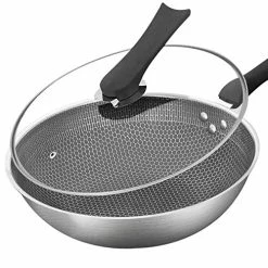Best Pirce 🤩 XMcKJ Stainless Steel Wok With Glass Lid, Scratch Resistant, Less Oily Smoke And Easy To Clean Kitchen Non-Stick Wok, Induction Compatible, 12.5"/32cm 😀