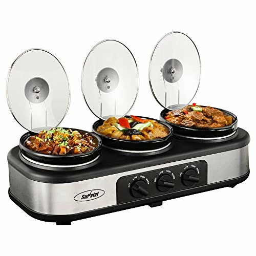 Outlet 🥰 Sunvivi Slow Cooker, Triple Slow Cooker Buffet Server 3 Pot Food Warmer, 3-Section 1.5-Quart Oval Slow Cooker Buffet Food Warmer Adjustable Temp Lid Rests Stainless Steel, Total 4.5 QT Black/silver ✔️