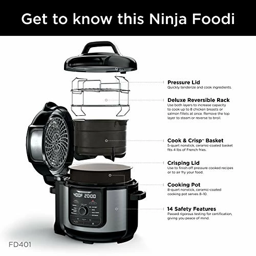 Discount 🥰 Ninja FD401 Foodi 12-in-1 Deluxe XL 8 Qt. Pressure Cooker & Air Fryer That Steams, Slow Cooks, Sears, Sautés, Dehydrates & More, With 5 Qt. Crisper Basket, Deluxe Reversible Rack & Recipe Book, Silver 🔔 - Image 4