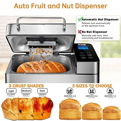 Discount 🌟 KBS Large 17-in-1 Bread Machine, 2LB All Stainless Steel Bread Maker With Auto Fruit Nut Dispenser, Nonstick Ceramic Pan, Full Touch Panel Tempered Glass, Reserve& Keep Warm Set, Oven Mitt And Recipes 🛒 - Image 2