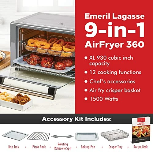 Deals 😉 Emeril Lagasse Power Air Fryer 360 Better Than Convection Ovens Hot Air Fryer Oven, Toaster Oven, Bake, Broil, Slow Cook And More Food Dehydrator, Rotisserie Spit, Pizza Function Cookbook Included Stainless Steel ⭐ - Image 2