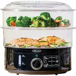 Brand new 🎉 BELLA Two Tier Food Steamer, Healthy, Fast Simultaneous Cooking, Stackable Baskets For Vegetables Or Meats, Rice/Grains Tray, Auto Shutoff & Boil Dry Protection, 7.4 QT, Black ✔️