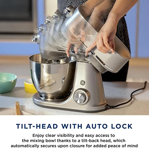 Flash Sale ๐ GE Tilt-Head Electric Stand Mixer | 7-Speed, 350-Watt Motor | Includes 5.3-Quart Bowl, Flat Beater, Dough Hook, Wire Whisk & Pouring Shield | Countertop Kitchen Essentials | Granite Gray ๐ - Image 4