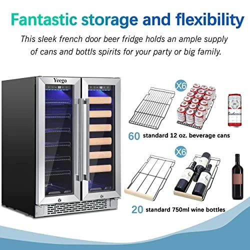 Cheapest 😍 Yeego 24 Inch Wine And Beverage Refrigerator, Hold 60 Cans And 20 Bottles Dual Zone Wine Beer Fridge Cooler With Stainless Steel French Door Digital Temperature Control And Key Lock Quiet Operation 🛒 - Image 3