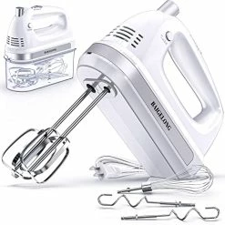 Best Pirce 😀 BAIGELONG Hand Electric Mixer, 300W Ultra Power Food Kitchen Mixer With 5 Self-Control Speeds + Turbo Boost, 5 Stainless Steel Attachments Handheld Mixer For Baking, White 🛒