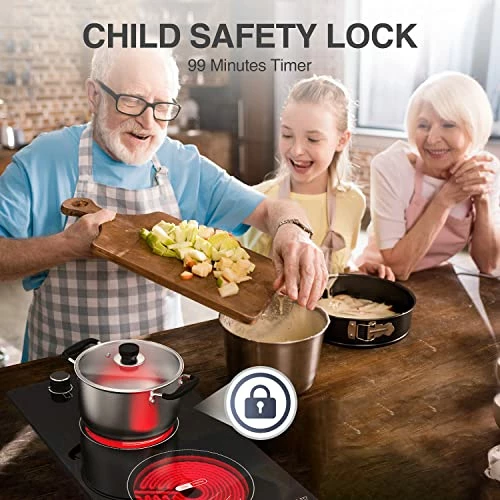 Buy π GIHETKUT Electric Cooktop,110V 2100W Electric Stove Top With Knob Control, 10 Power Levels, Kids Lock & Timer, Hot Surface Indicator, Overheat Protection,12 Inch Built-in Radiant Double Induction Cooktop π - Image 3