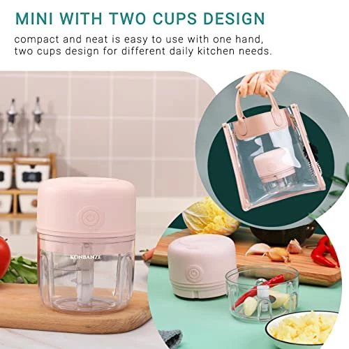 Promo ✨ KONBANZE (2 CUP, 100+250ML) Electric Portable Mini Garlic Onion Chopper Crusher Small Food Processor Masher USB Charging Vegetable Cutter Kitchen Gadgets With 2 Cups (PINK), (MHX-01) 🧨 - Image 4
