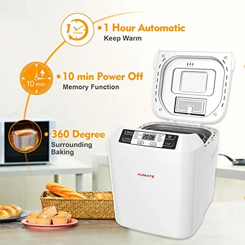 Cheap ๐ Bread Machine,AUMATE 2LB Bread Maker,with 12 Presets,Gluten-Free Setting,Auto Fruit Nut Dispenser & Nonstick Pan,2 Loaf Sizes,13H Reserve & 1H Keep Warm,White ๐ - Image 3