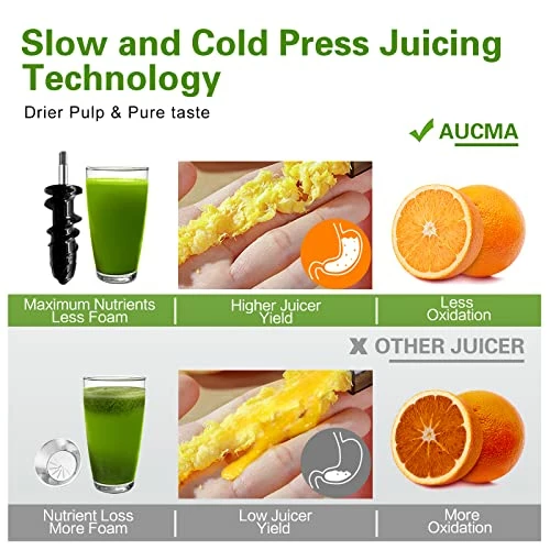 Discount ⭐ Aucma Slow Juicer Machine, Cold Press Juicer With Quiet Motor And Reverse Function, Masticating Juicer Machine With Brush Recipes, Juicer Extractor For High Nutrient Fruit Vegetable Juice (Dark Grey) 🎁 - Image 3