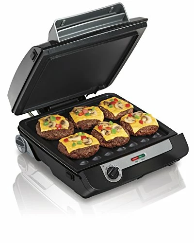 Hot Sale 🌟 Hamilton Beach 4-in-1 Indoor Grill & Electric Griddle Combo With Bacon Cooker, Opens Flat To Double Cooking Surface, Removable Nonstick Plates, Black & Silver (25601) ✨