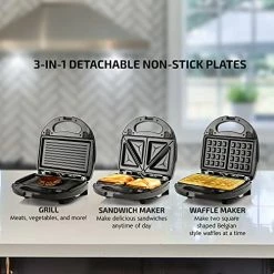 Deals 🛒 Ovente Electric Indoor Sandwich Grill And Waffle Maker Set With 3 Removable Non-Stick Plates, 750W Kitchen Essentials Perfect For Breakfast Sandwiches Grilled Cheese Bacon And Steak, Black GPI302B Black Sandwich Maker 😉
