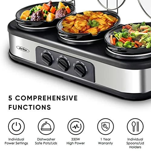 Outlet 🥰 Sunvivi Slow Cooker, Triple Slow Cooker Buffet Server 3 Pot Food Warmer, 3-Section 1.5-Quart Oval Slow Cooker Buffet Food Warmer Adjustable Temp Lid Rests Stainless Steel, Total 4.5 QT Black/silver ✔️ - Image 3